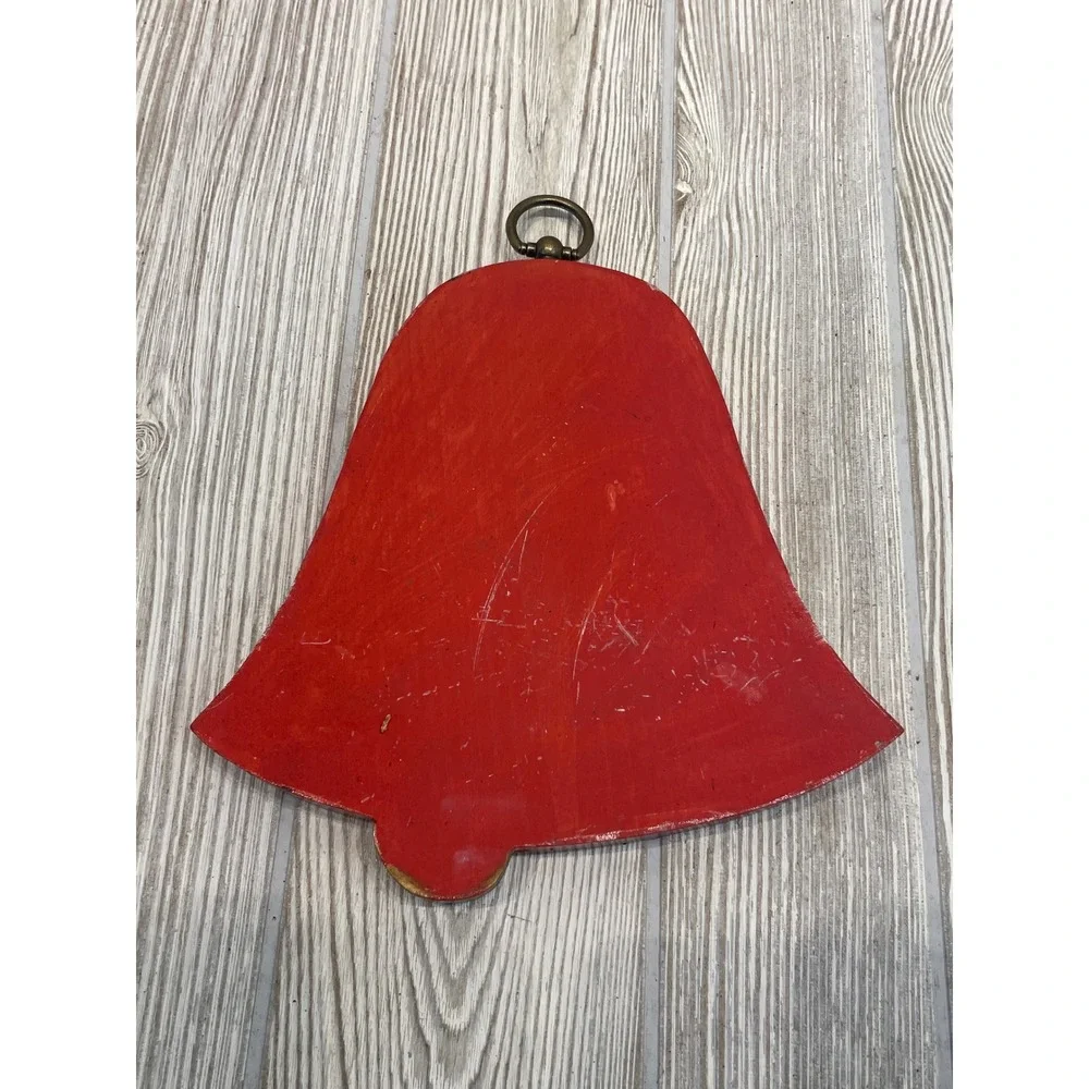 Vintage Hand Painted Wood Christmas Bell Wall Decor Joy Noel Red Green Set of 2